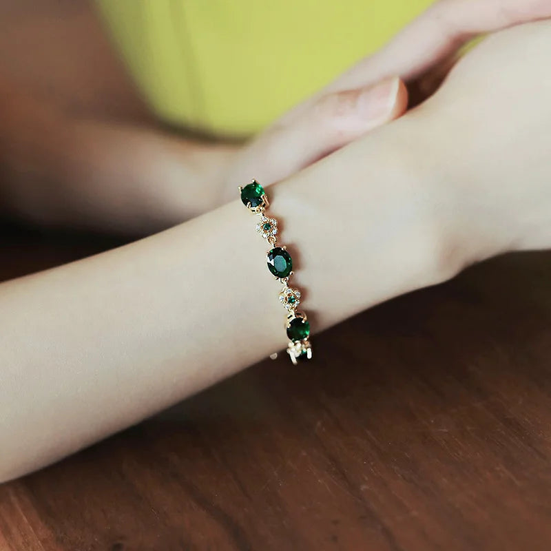 Pulsera de lujo RAKOL con cristales de imitación verdes y eslabones dorados para mujer, joyería vintage para fiestas, bodas y novias