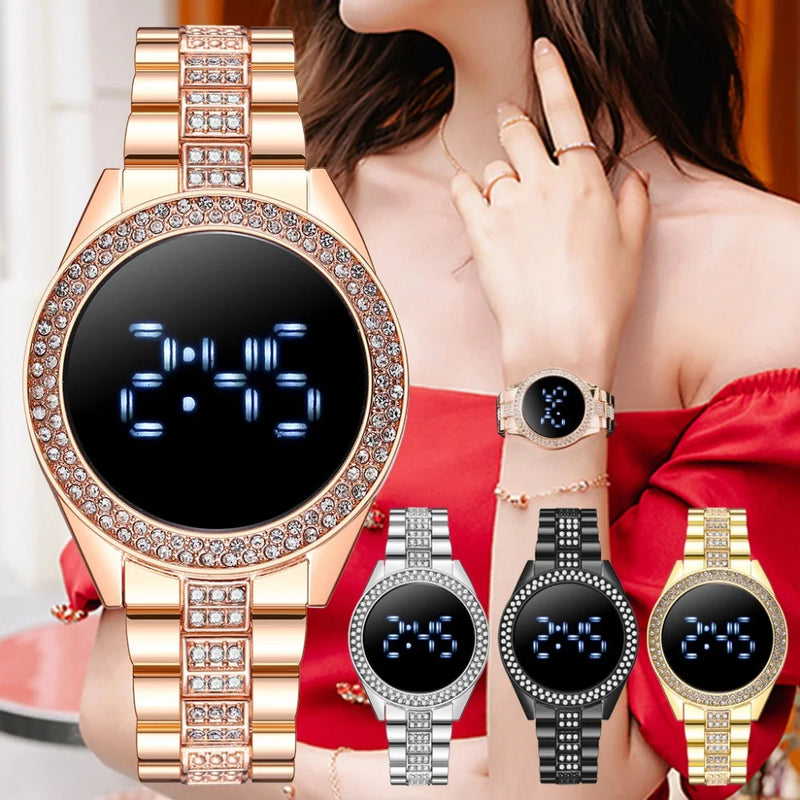 Reloj electrónico con pantalla grande LED y diamantes incrustados para mujer de Kegllect, correa de acero redonda