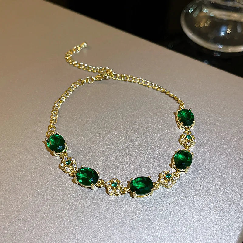 Pulsera de lujo RAKOL con cristales de imitación verdes y eslabones dorados para mujer, joyería vintage para fiestas, bodas y novias