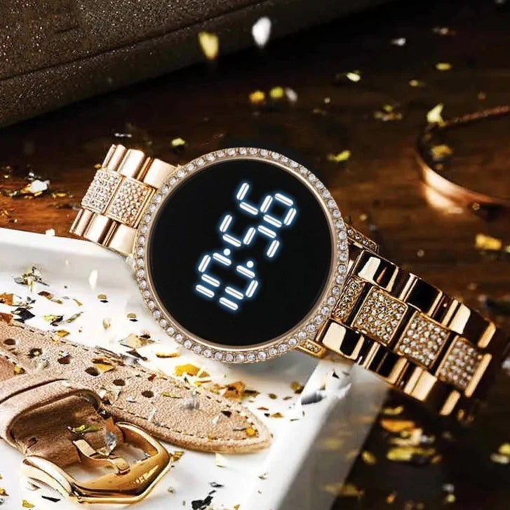 Reloj electrónico con pantalla grande LED y diamantes incrustados para mujer de Kegllect, correa de acero redonda