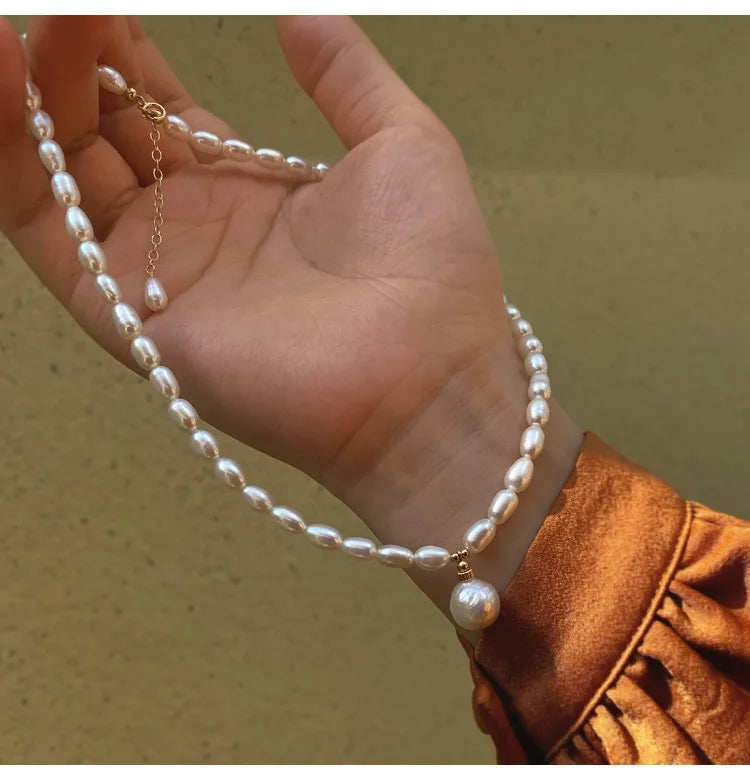 Collar de cadena para mujer con perlas de agua dulce 100 % naturales y brillantes, relleno de oro de 14 quilates, joyería para mujer, regalos para el día de la madre que nunca se desvanecen